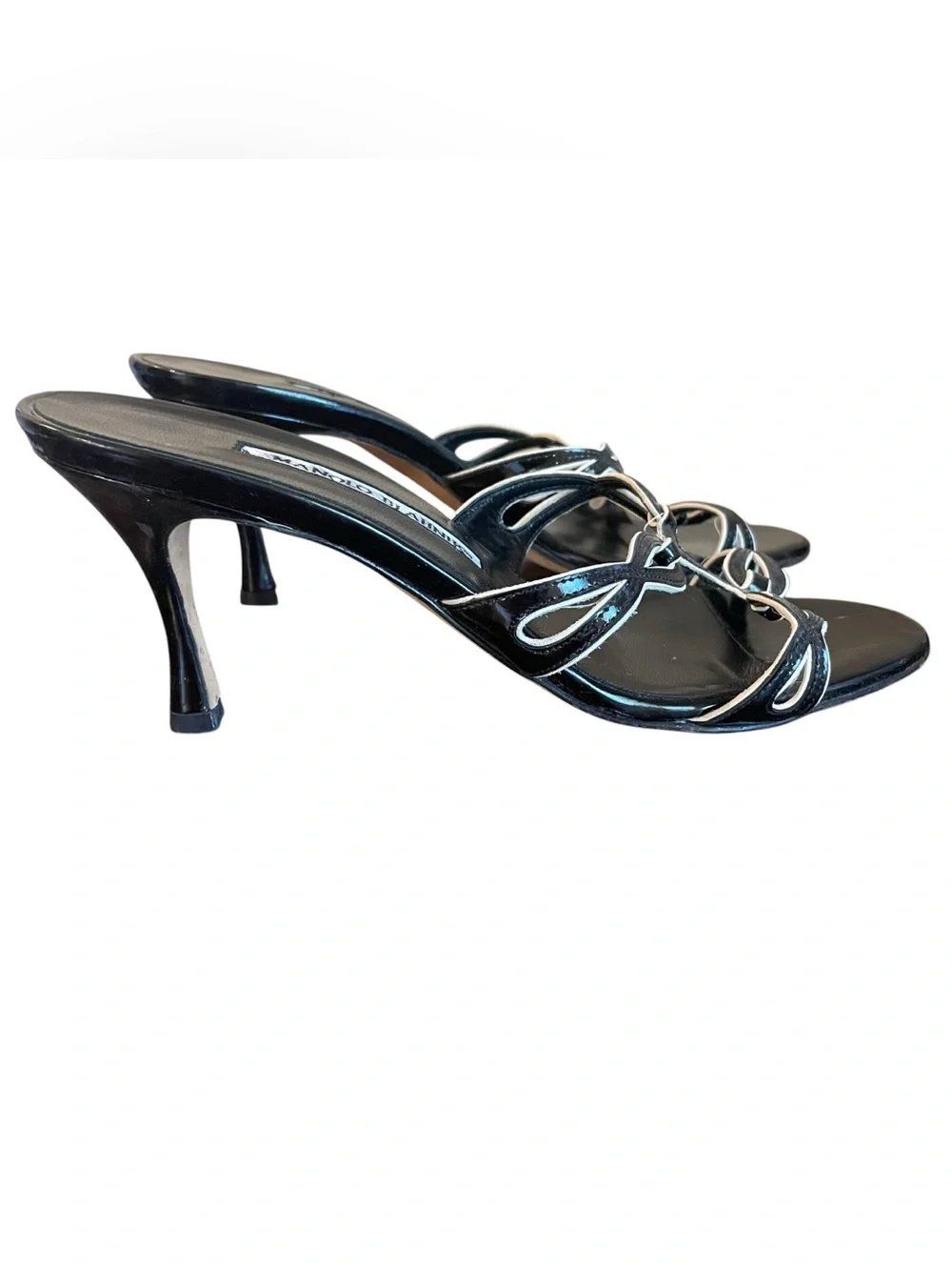 Manolo Blahnik Vintage Black Patent Leather Strappy Mule Heels Women Size 38
